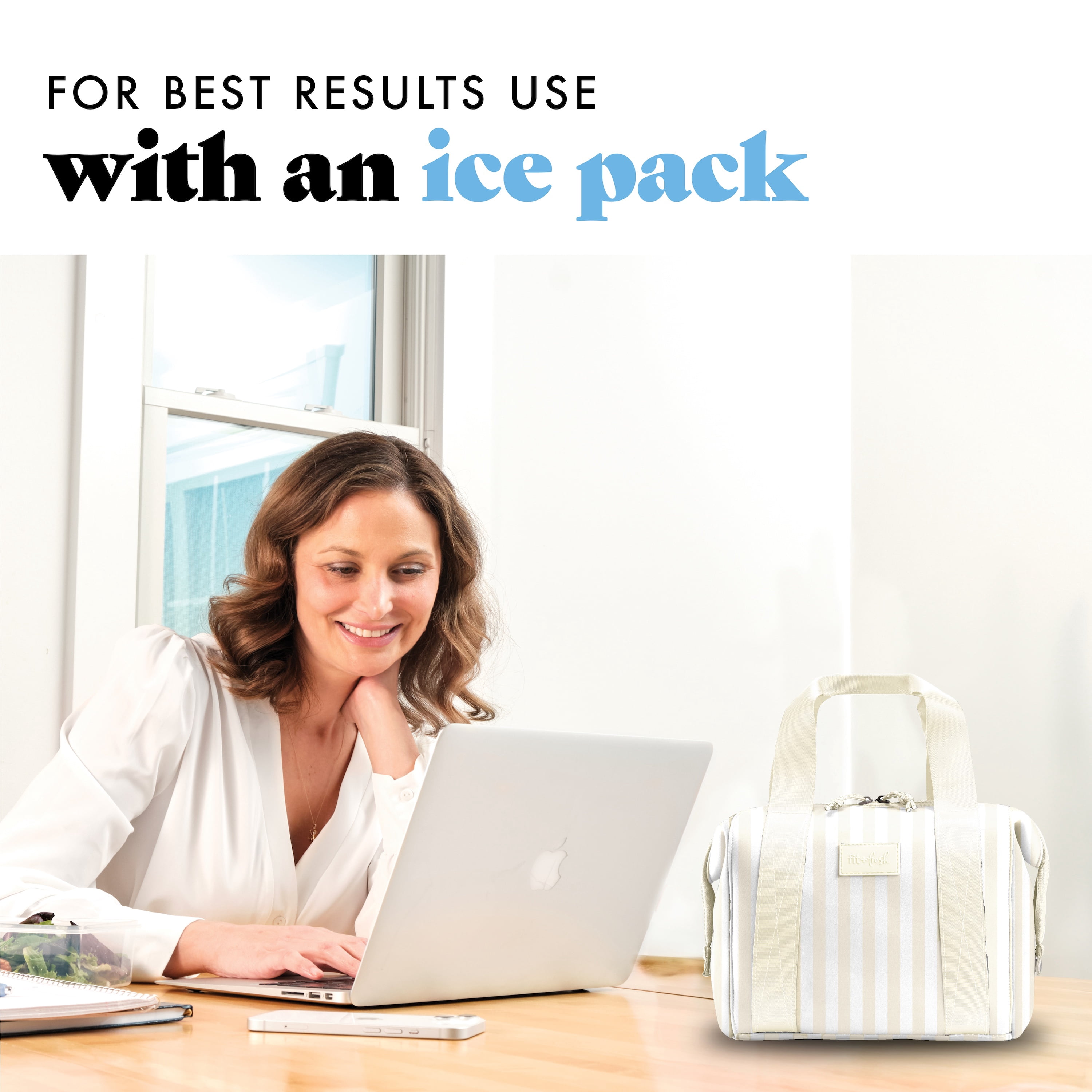 Fit + Fresh Remi Womens Lunch Bag, Insulated Lunch Box With Containers, Ivory Stripe