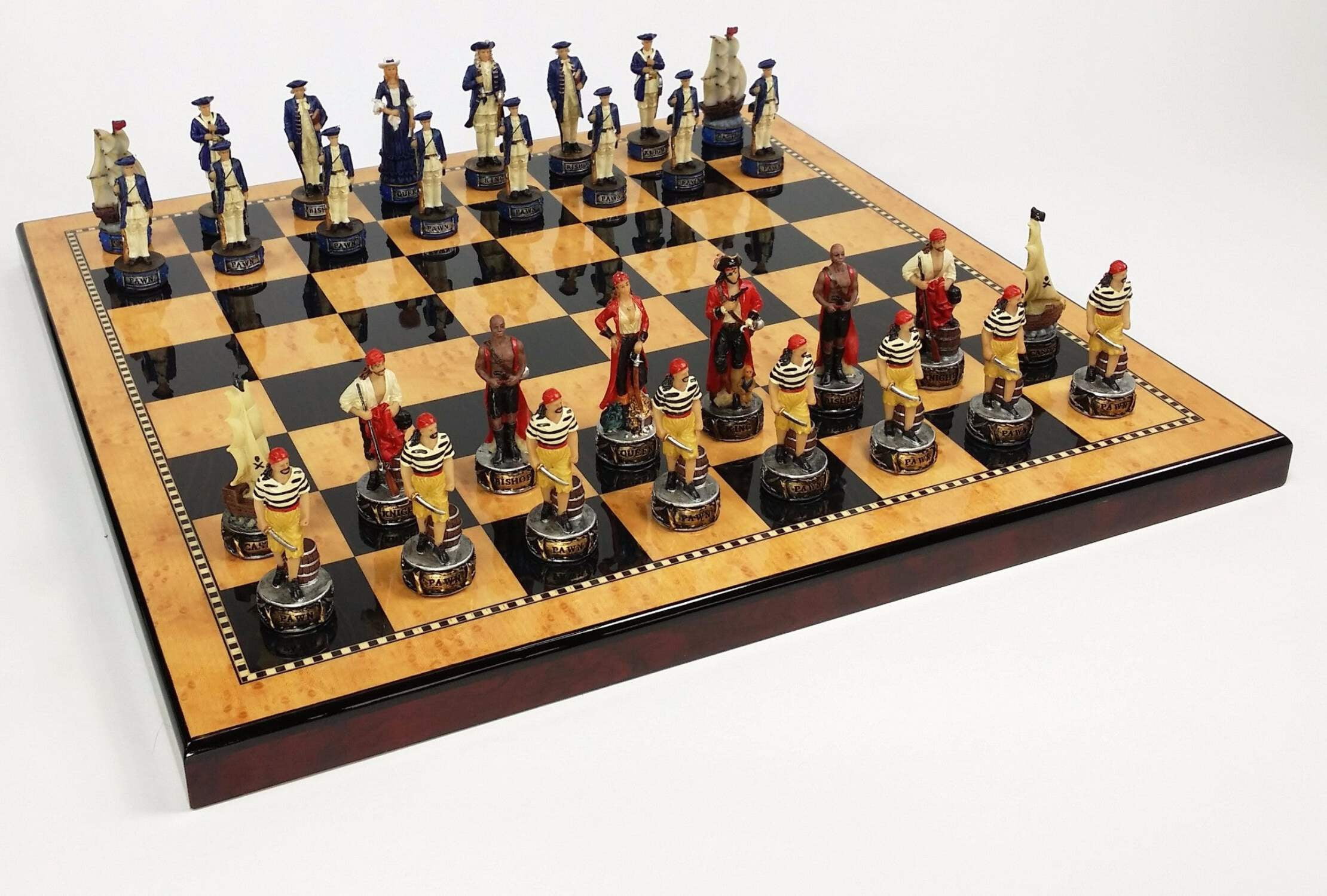 Pirates Vs Royal Navy Pirate Chess Set W 18" Maple  Walnut Color Board