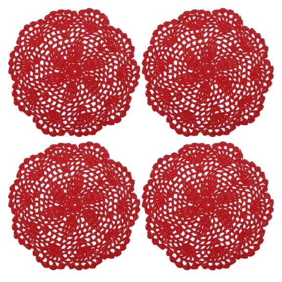 Uxcell Crochet Doilies Handmade Crochet Cotton Coaster Round Lace Placemats with Floral Patterns Red 4pcs