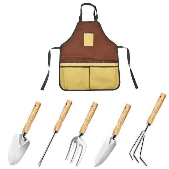 Kiditos 6PCS Garden Tools Set  Floral Heavy Duty Gardening Tools with Gardening Apron, Transplanter, Trowel,Hand Fork, Weeder, Hand Rake