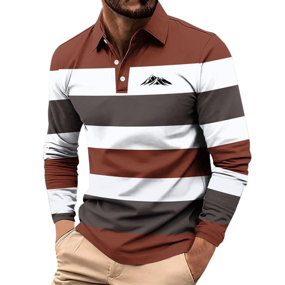 Vetsdori Men's Polo Shirt - Long Sleeve Collared Button Printed Striped Casual Design for Casual Daily Wear or Outdoor Activities
