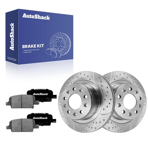 AutoShack Rear Solid Drilled & Slotted Silver Zinc Coated Brake Rotors   Ceramic Pads 6-PC Brake Kit Replacement for 2016-2022 Chevrolet Malibu SilverShield Pro 11.34" (288 mm)