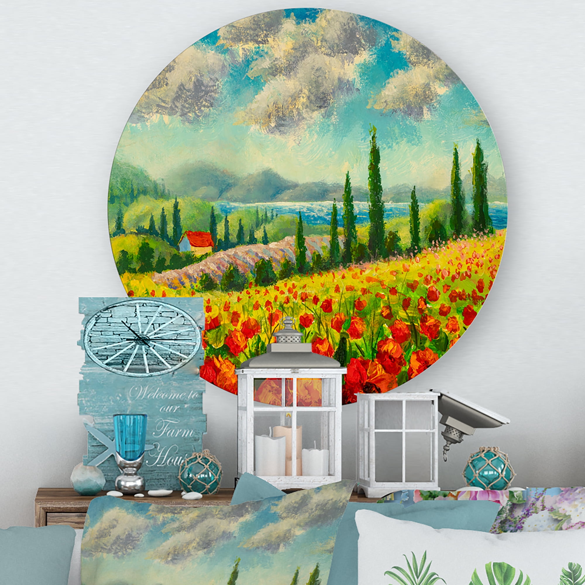 Designart 'Beautiful Landscape With Poppies Flowers By Riverside' Traditional Circle Metal Wall Art 11x11 - Disc of 11