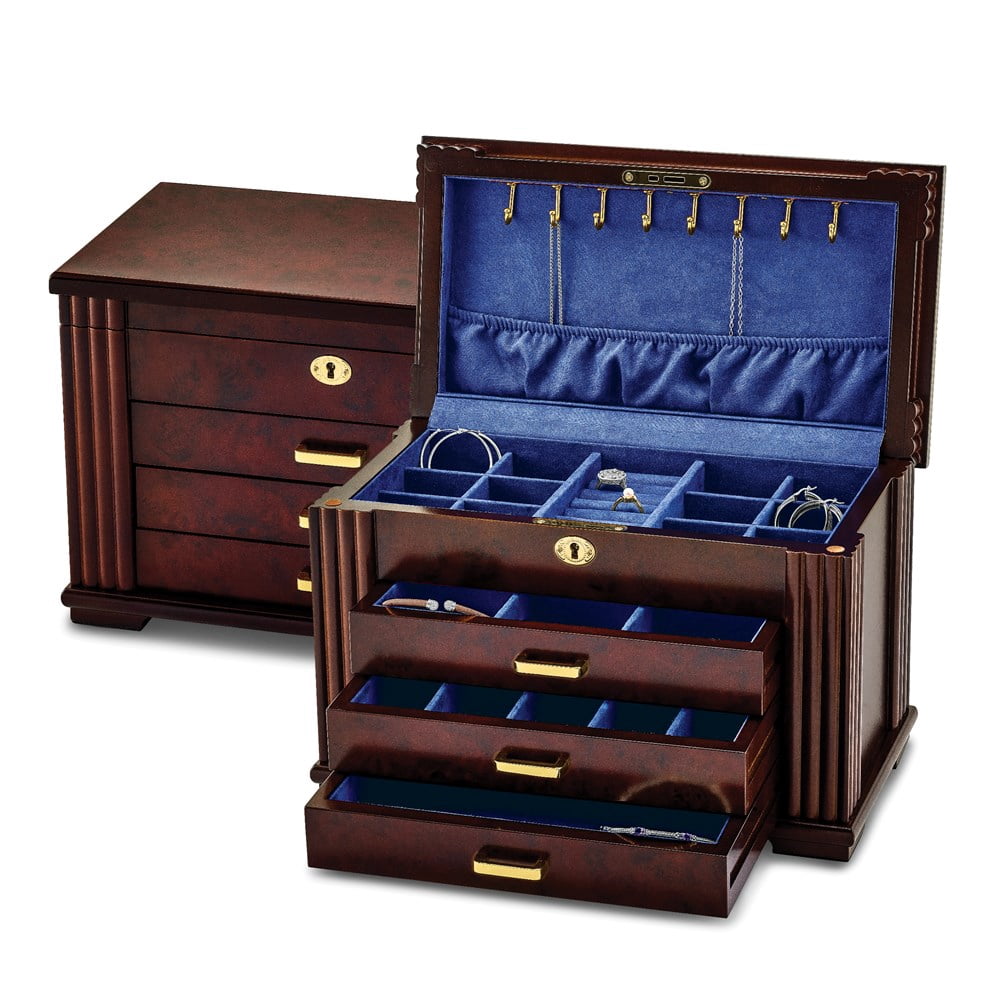 Luxury Giftware by Jere Matte Rosewood Burl Veneer 3-drawer Locking Wooden Jewelry Box QJJB875