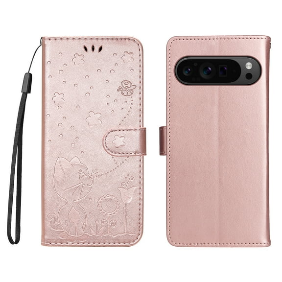 ELEHOLD Wallet Case For Google Pixel 10 Pro XL,Cute Cat PU Leather Kickstand Card Slots Durable Shockproof Cover Case with Strap For Google Pixel 10 Pro XL,Rosegold
