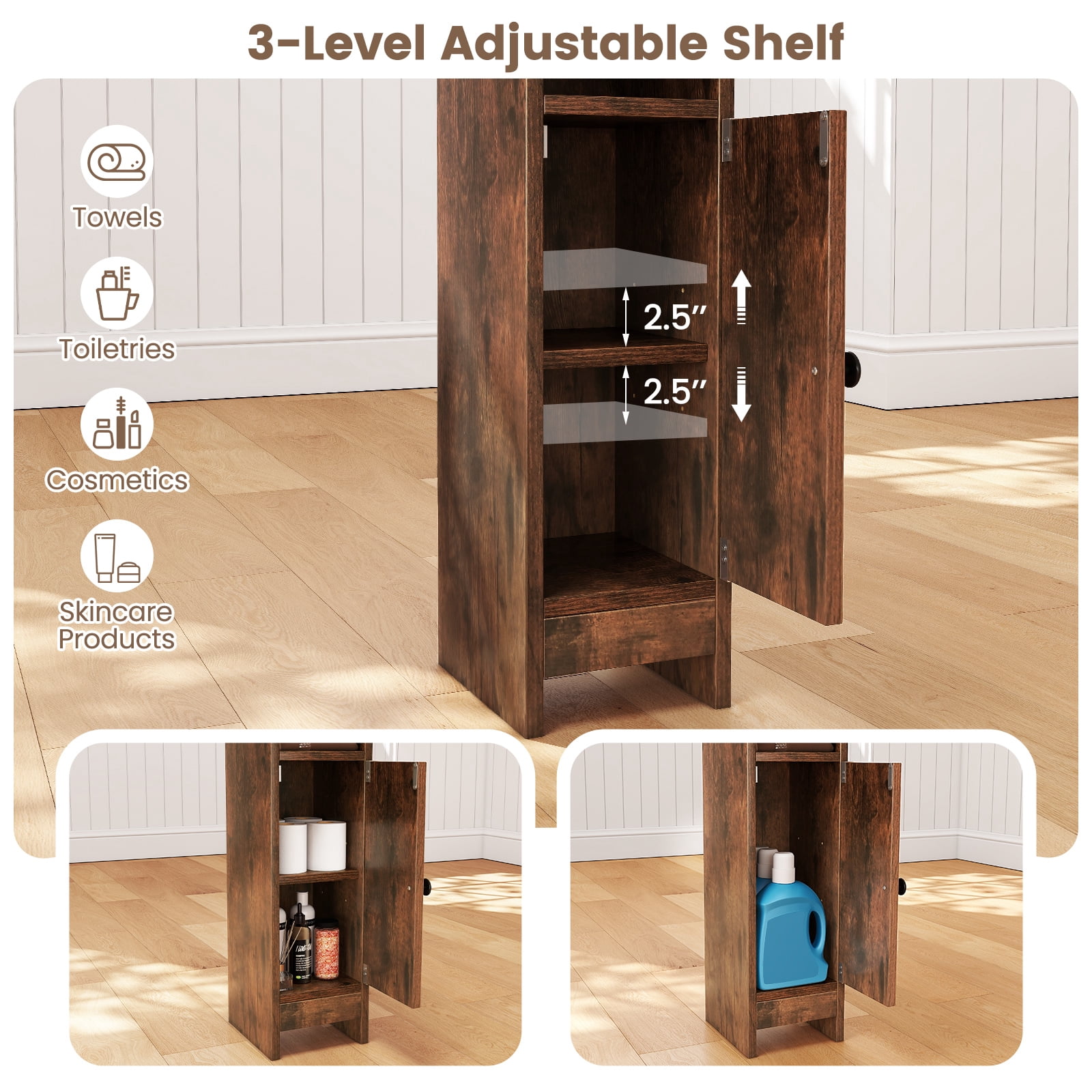 Giantex Slim Corner Bathroom Cabinet, Narrow Floor Cabinet w/ 3-Level Adjustable Shelf, Freestanding Storage Organizer, Brown
