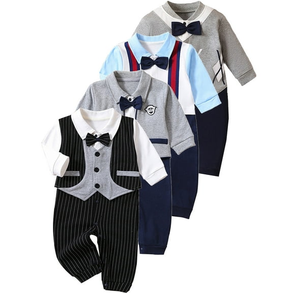 WIBACKER 0-24M Newborn Baby Boys Gentleman Romper Infant Cotton One Piece Long Sleeve Bowtie Outfit Formal Wear Tuxedo Suit