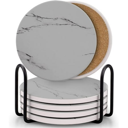 

Coasters for Drinks Absorbent Ceramic Stone Coasters Set with Metal Holder Stand Cork Base Marble Surface Pattern Cups Place Mats for Home Decor Set of 6 - Gray