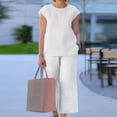 thumbnail image 2 of Women’s Casual Linen 2 Piece Outfits Cap Sleeve Crewneck Blouse with Loose Wide Leg Cropped Pants Sets With Pockets, 2 of 7