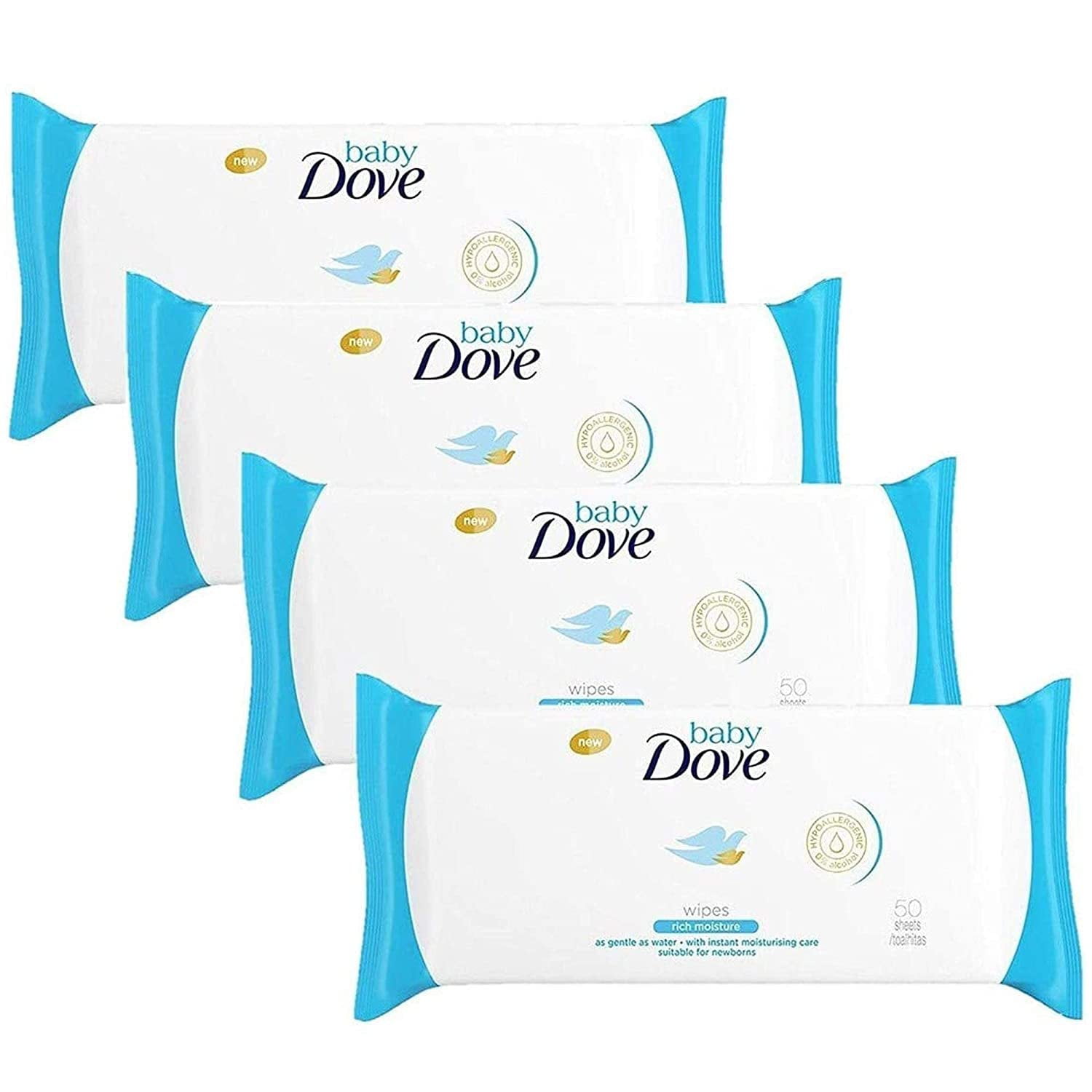 Dove Baby Wipes, Rich Moisture, Hypoallergenic 0% Alcohol, 50 Wipes Pack of 4, 200 Wipes