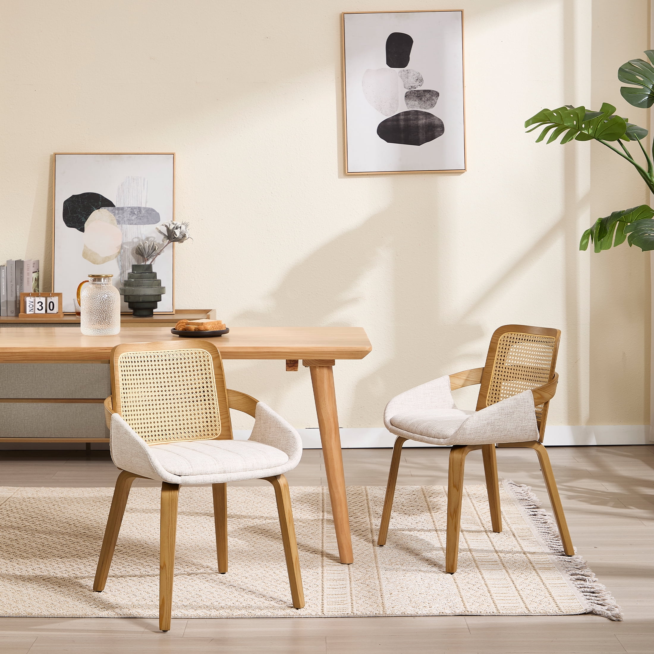 Guyou Modern Rattan Dining Chair Set of 2, Solid Wood Dining Side Chairs, Linen Upholstered Kitchen Chairs with Armrests for Kitchen Dining Room Living Room, Beige