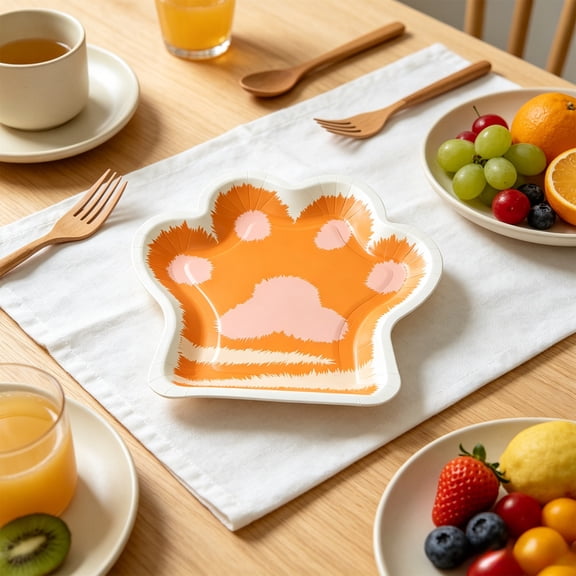 Hyknon 10Pcs Paw Party Paper Plates, 8x9 Inch Cute Disposable Dinner Dessert Plates, Dining Dinnerware Plate Sets for Birthday Baby Shower Salad Cake, Orange