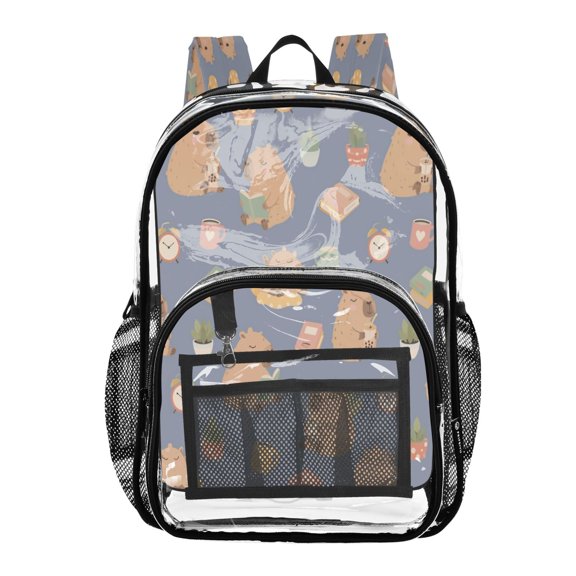 PVC Transparent Backpacks Clear Backpack for Travel and Outings Cute Reading Tea Pattern