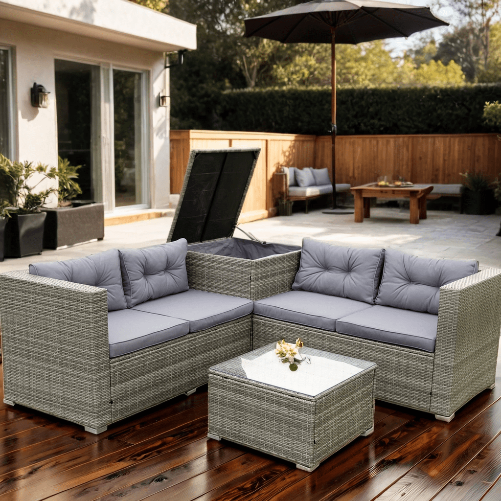 Highsound 4 Pcs Patio Rattan Wicker Furniture set, Outdoor All-Weather PE Wicker Conversation Set with Coffee Table