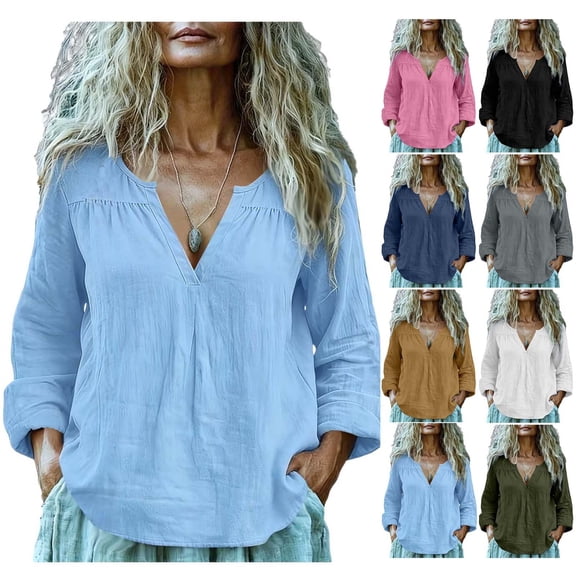 Endives Cotton Linen Shirts For Women V Neck Long Sleeve T Shirt Tee Casual Thin Breathable Blouses Summer Vacation Tops Navy