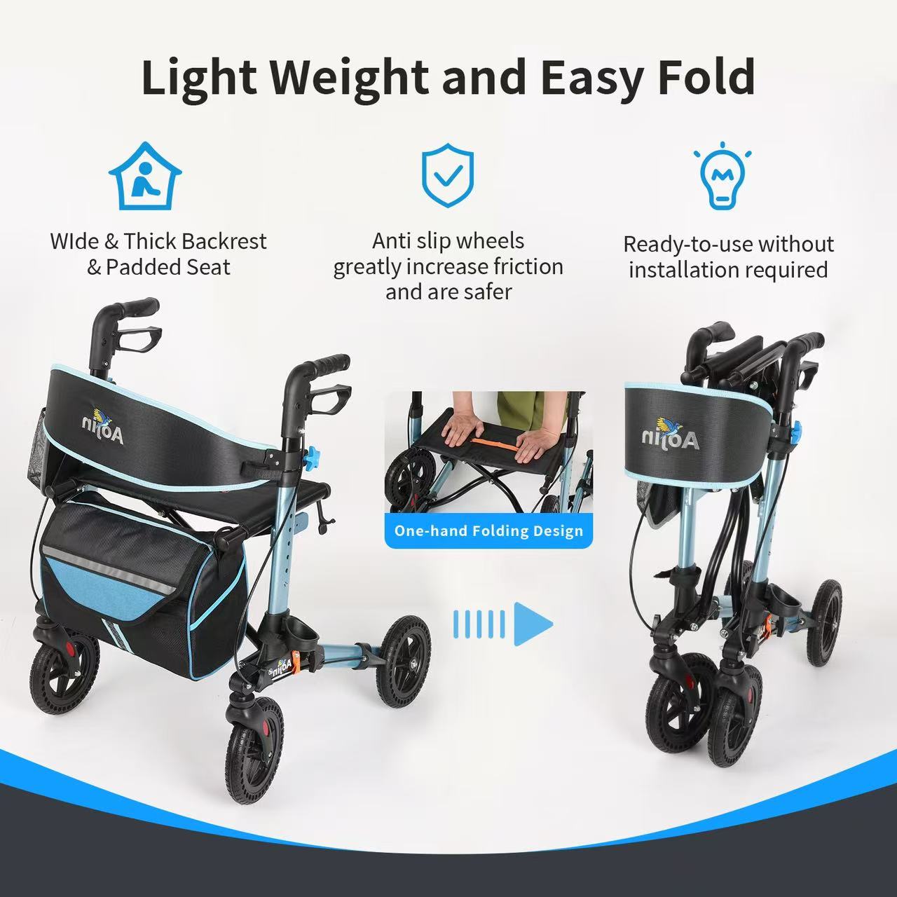 Aukfa Foldable Rollator Walkers with Seat,8" Big Wheels All Terrain Rolling Walker for Seniors,Blue
