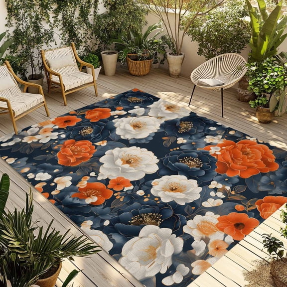 Fsddascl Navy Florals Outdoor Rug for Patio/Deck/Porch, Non-Slip Large Area Rug 4 x 6 Ft, White Pastoral Flowers Elegant Abstract Indoor Outdoor Rugs Washable Area Rugs, Camping Rug Carpet