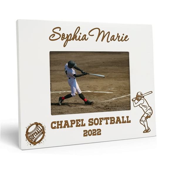 Darling Souvenir MADE WITH LOVEPersonalized WoodEngraved Picture Frame, Table Top WhitePhotoFrame (Baseball) Customizable Quote - 4x6 Inches Horizontal