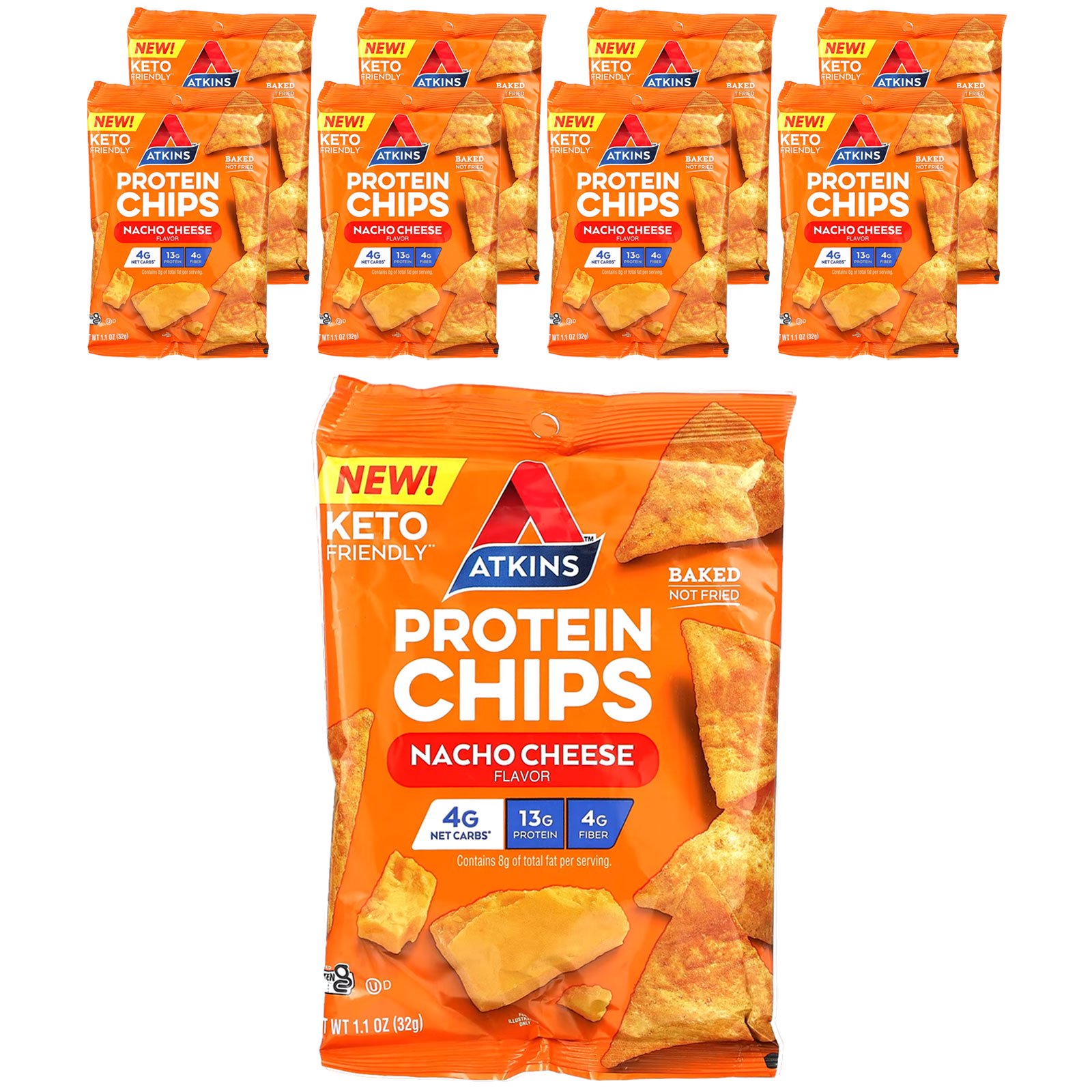 Atkins Protein Chips, Nacho Cheese, 8 Bags, 1.1 oz (32 g) Each