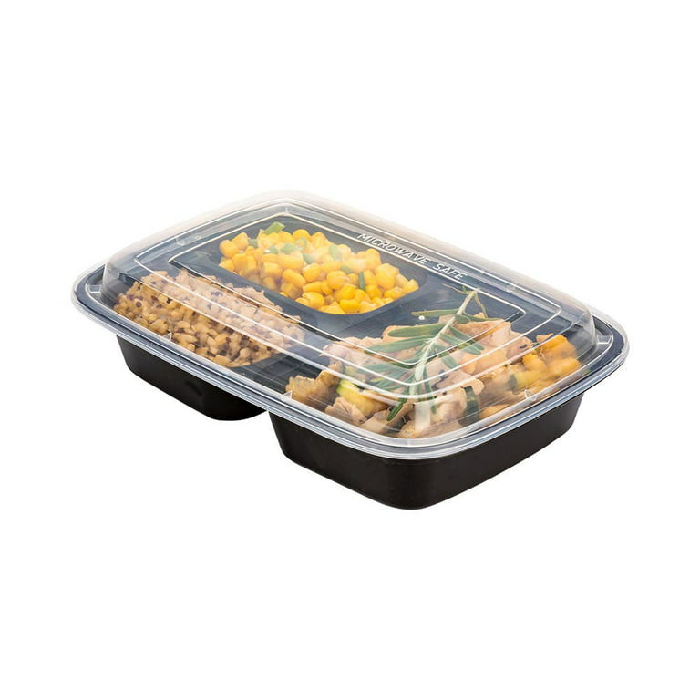 Restaurantware Asporto 34 Ounce Food Containers, 100 Microwavable Take Out Food Containers - Clear Plastic Lids Included, with 4 Compartments, Black