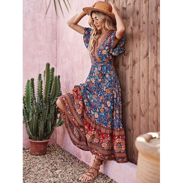 boho dresses canada online Floral Print Dress Vacation V Neck Short Sleeve Maxi Dress Women's Clothing Size:USA 16 (XXXL)/48 in.(122 cm)Garment Chest Classic Modest Black Dresses Laurel