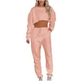 thumbnail image 1 of Tenues d'Entraînement pour Femmes Ensemble 2 Pcs Décontracté Col Rond Manches Longues Sweat à Capuche Court Pantalon de Survêtement à Cordon, 1 of 7