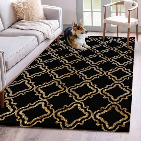 Black Moroccan Area Rugs 4'x6', Washable Small Throw Rugs for Office Bathroom, Geometric Abstract Art Modern Indoor Outdoor Rug Non-Slip Low Pile Carpet Runner Reversible Floor Mats