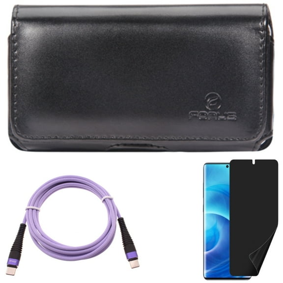 Purple 10ft PD Cable w Case Belt Clip w Privacy Screen Protector for Samsung Galaxy S20 - Type-C to USB-C Fast Charger Cord, Leather Swivel, TPU Film [NOT GLASS] L5Y fits Samsung Galaxy S20 Model