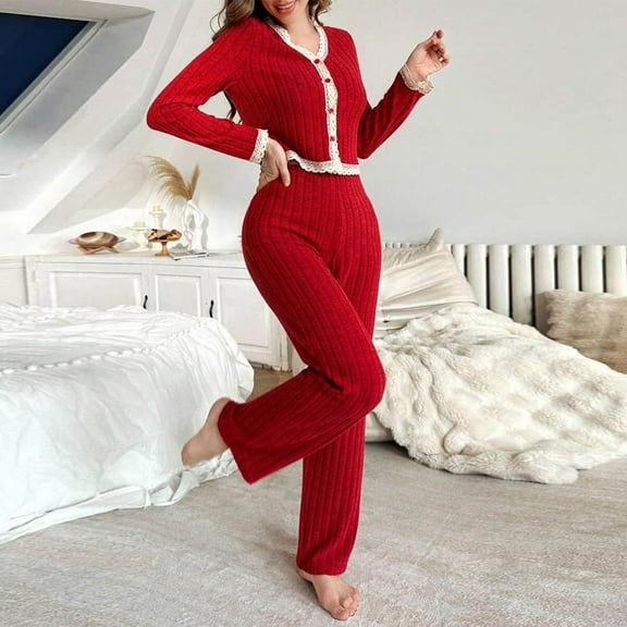 Women's Two-Piece Pajama Set with Ribbed Panel Button Top and Elastic Waist Straight Leg Pants