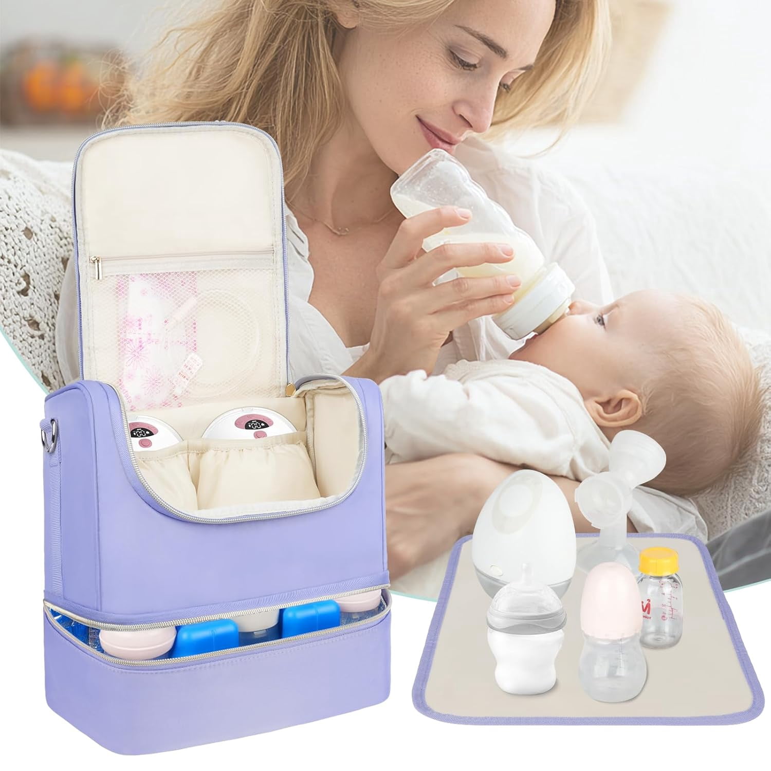Wearable Breast Pump Bag with Cooler Compartment Fits for Willow/Elvie/Momcozy M5/S12 Pro/Medela, Breast Milk Travel Tote Bag with Ice Pack & Waterproof Mat,Purple