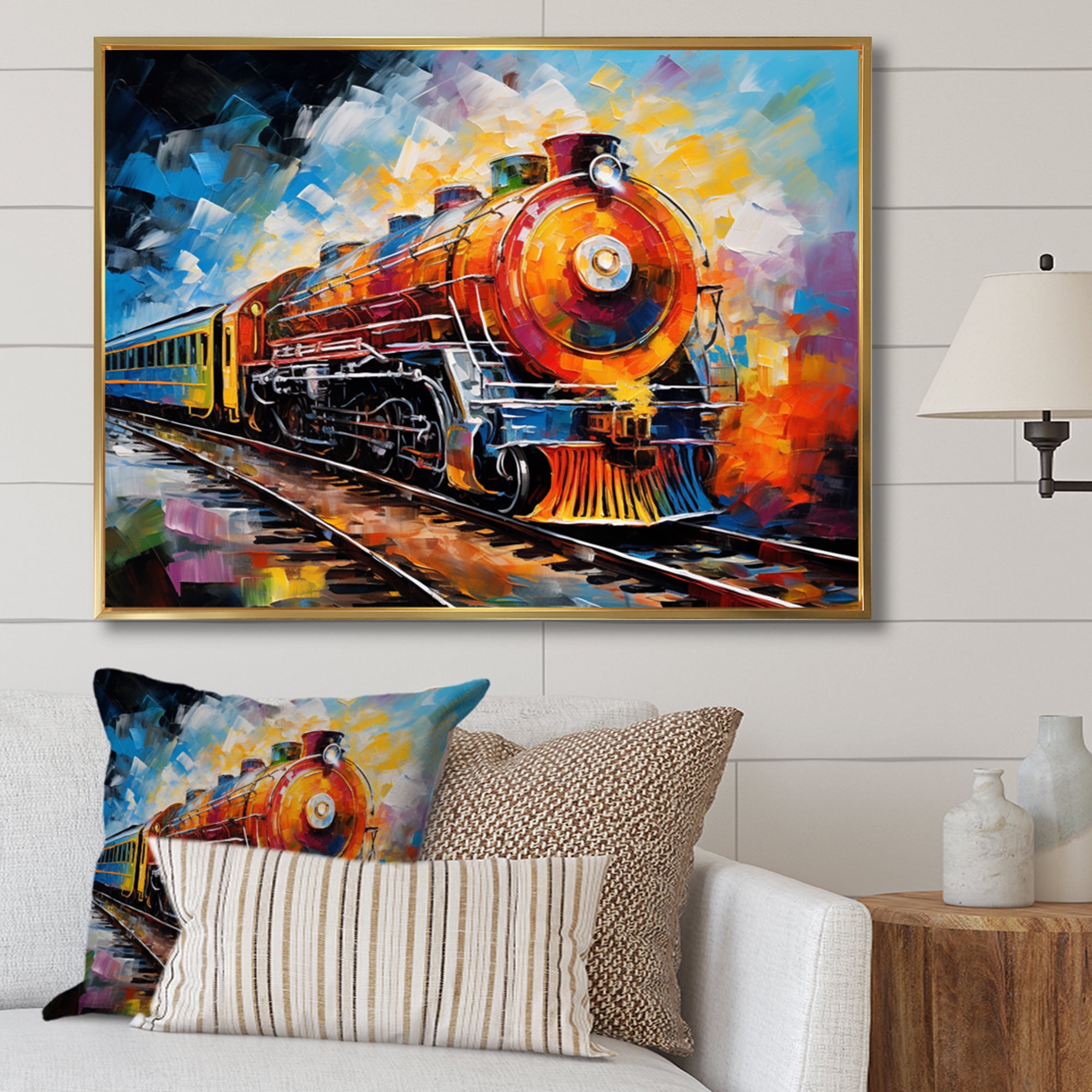 Designart Multi-Color Modern White Framed Wall Art, Train framed