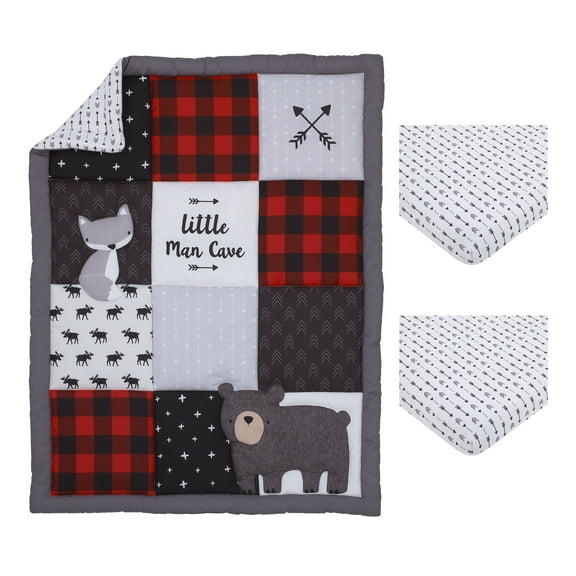 Little Love by NoJo Little Man Cave 3-Piece Mini Crib Bedding Set, Navy, Red, Grey, Fox, Portacrib, Infant Boy