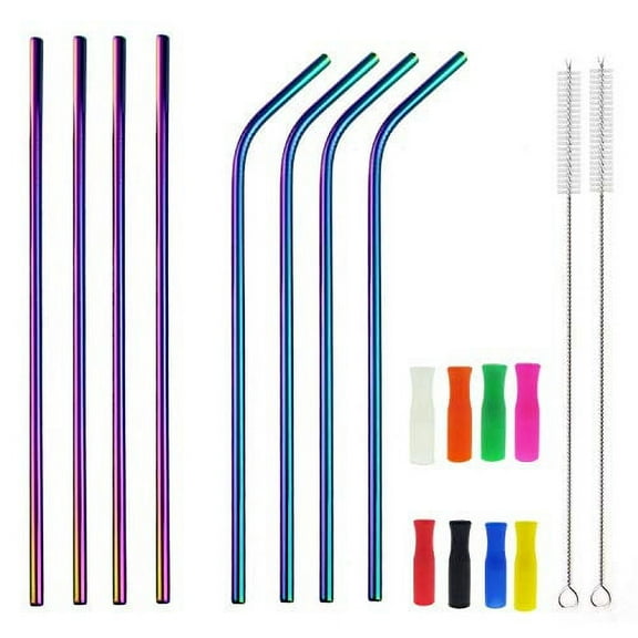 12 Inch Colorful Stainless Steel Straws, 8pcs Ultra Long Reusable Rainbow Color Metal Drinking Straws with Silicone Tips and Cleaning Brush for Big Tumblers