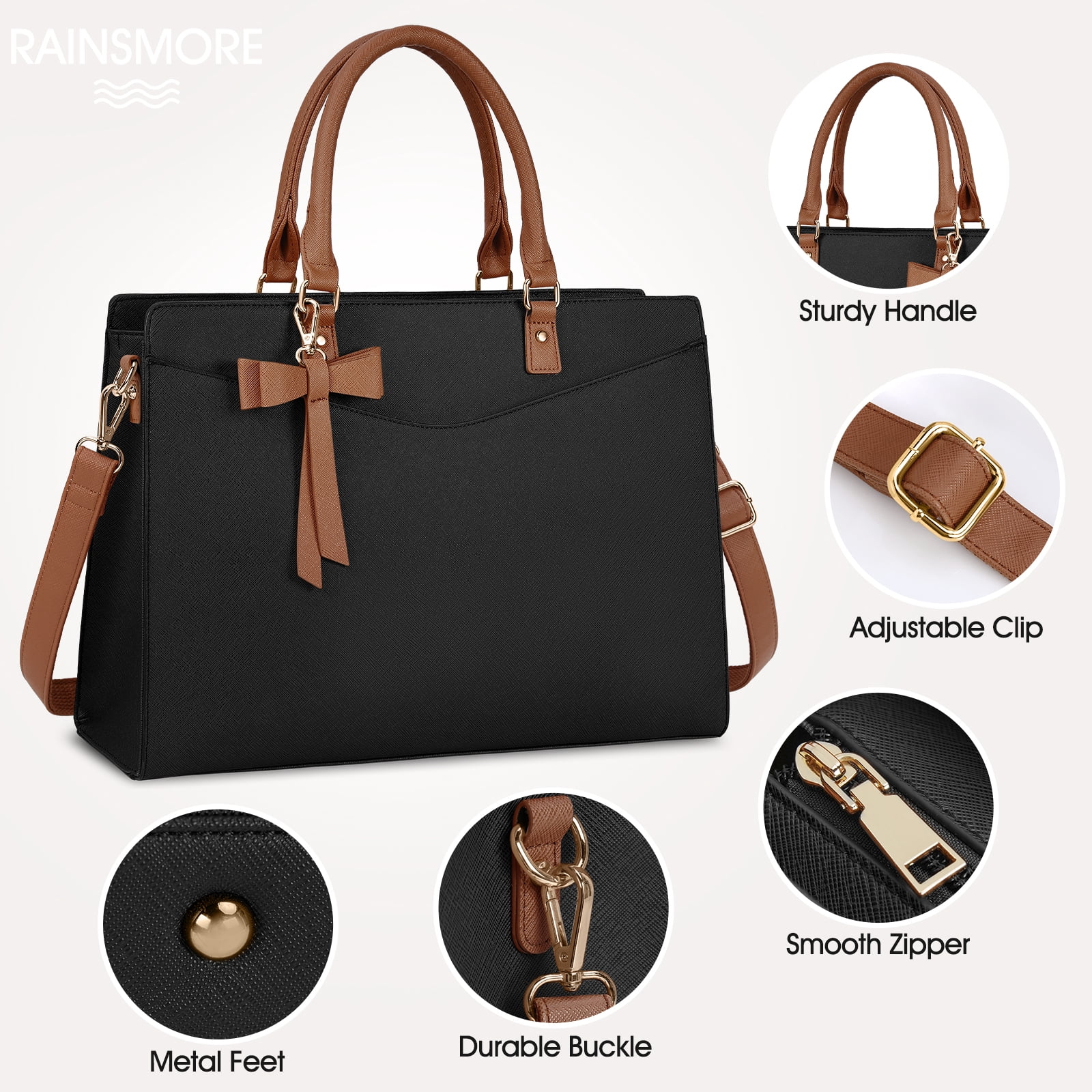 RAINSMORE Laptop Bag for Women 15.6 Inch PU Tote Bag Lightweight Business Office Handbag Work Bag Waterproof Shoulder Briefcase