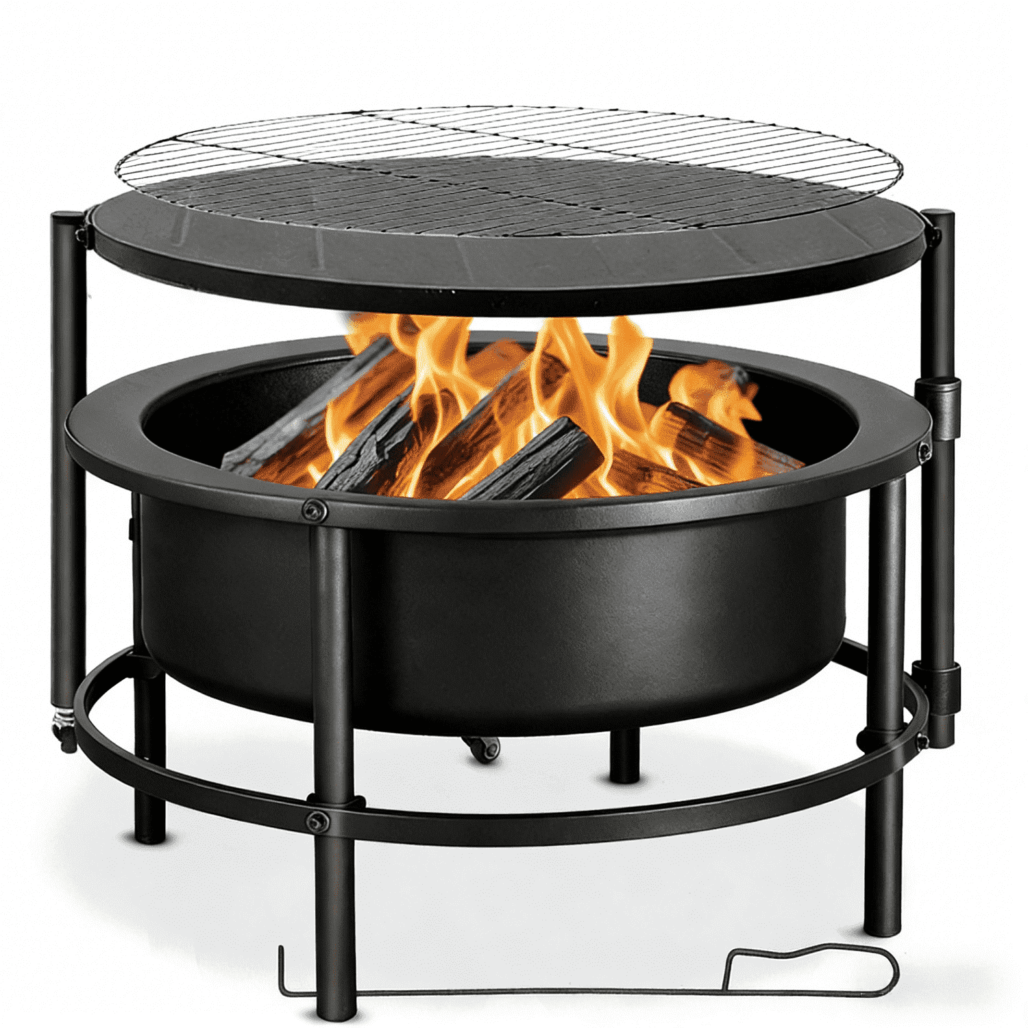 Large Wood Burning Fire Pit with 28" Rotating Wheeled Side Table, 3-In-1 Outdoor Metal Firepit with Screen Lid, Grill and Basting Brush for BBQ Patio Backyard Garden