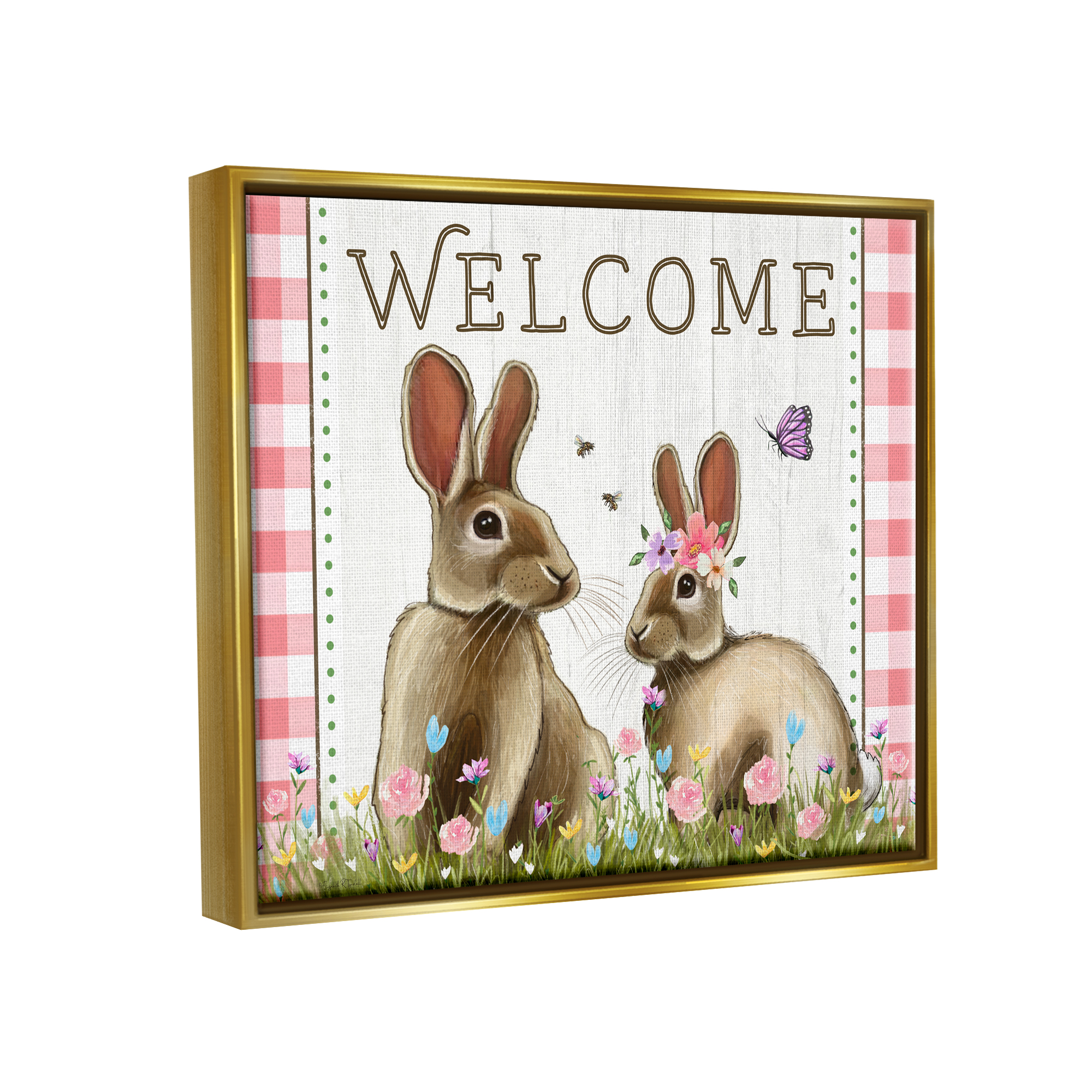 Stupell Welcome Plaid Spring Garden Rabbits Holiday Painting Gold Floater Framed Art Print Wall Art