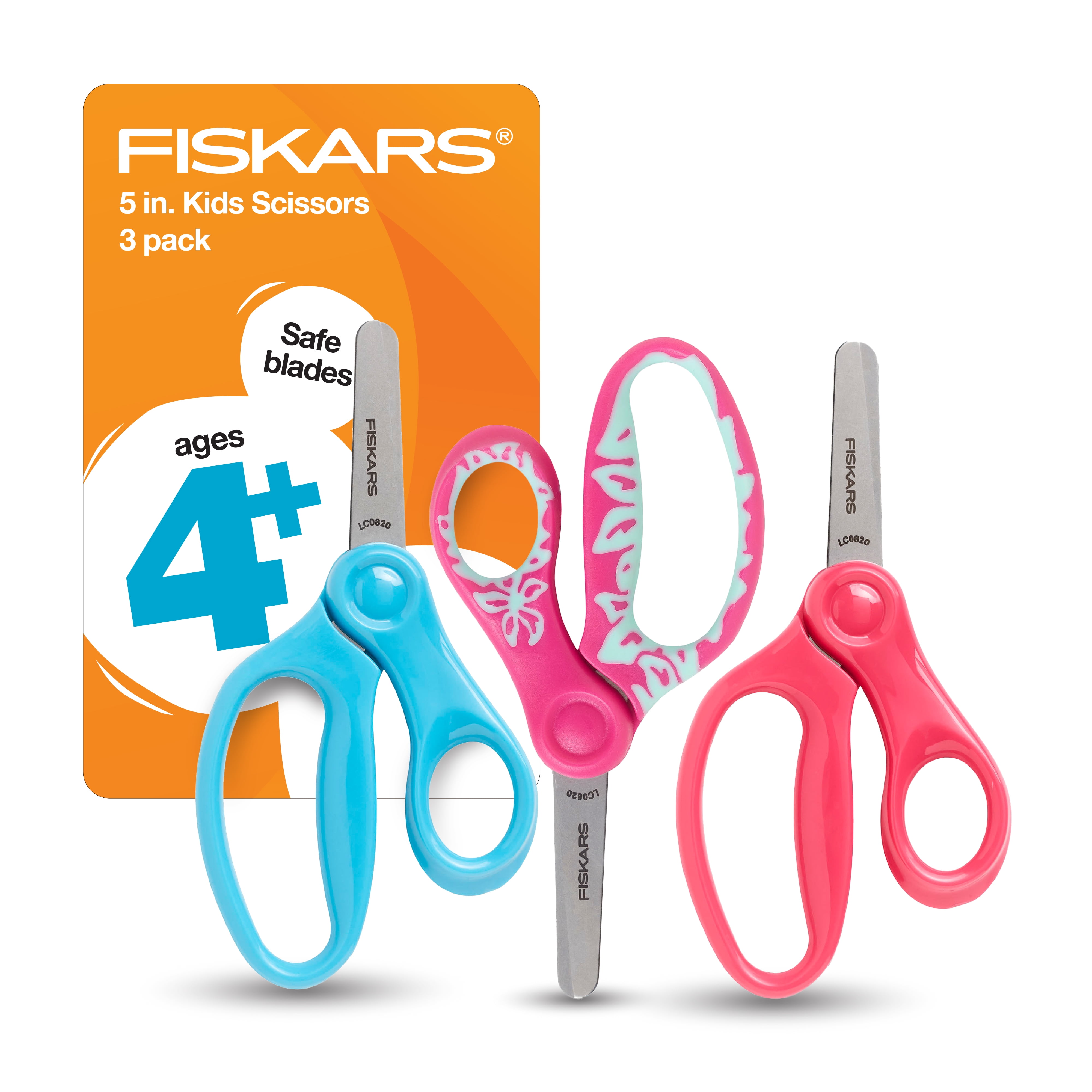 Fiskars Kids Scissors 5 inch Blunt-Tip, 3 Pack, Turquoise, Red, Pink and Light Blue