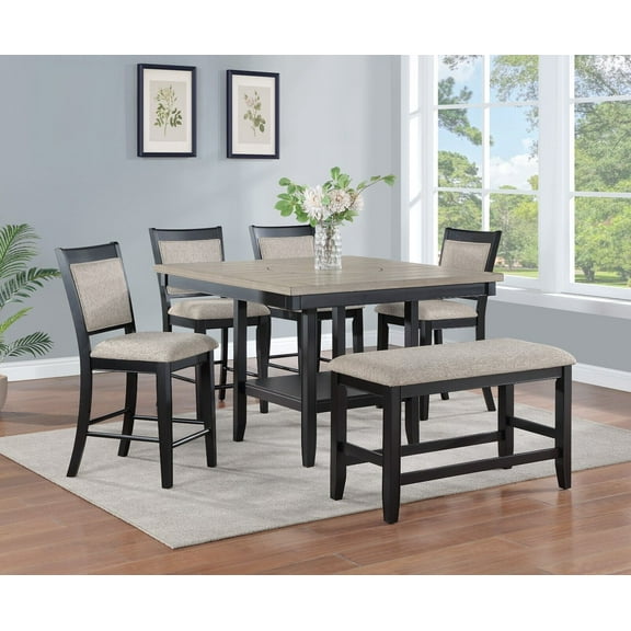 Contemporary 6pc Counter Height Square Dining Set Upholstered Chairs Bench Dark Gray 20" Lazy Susan