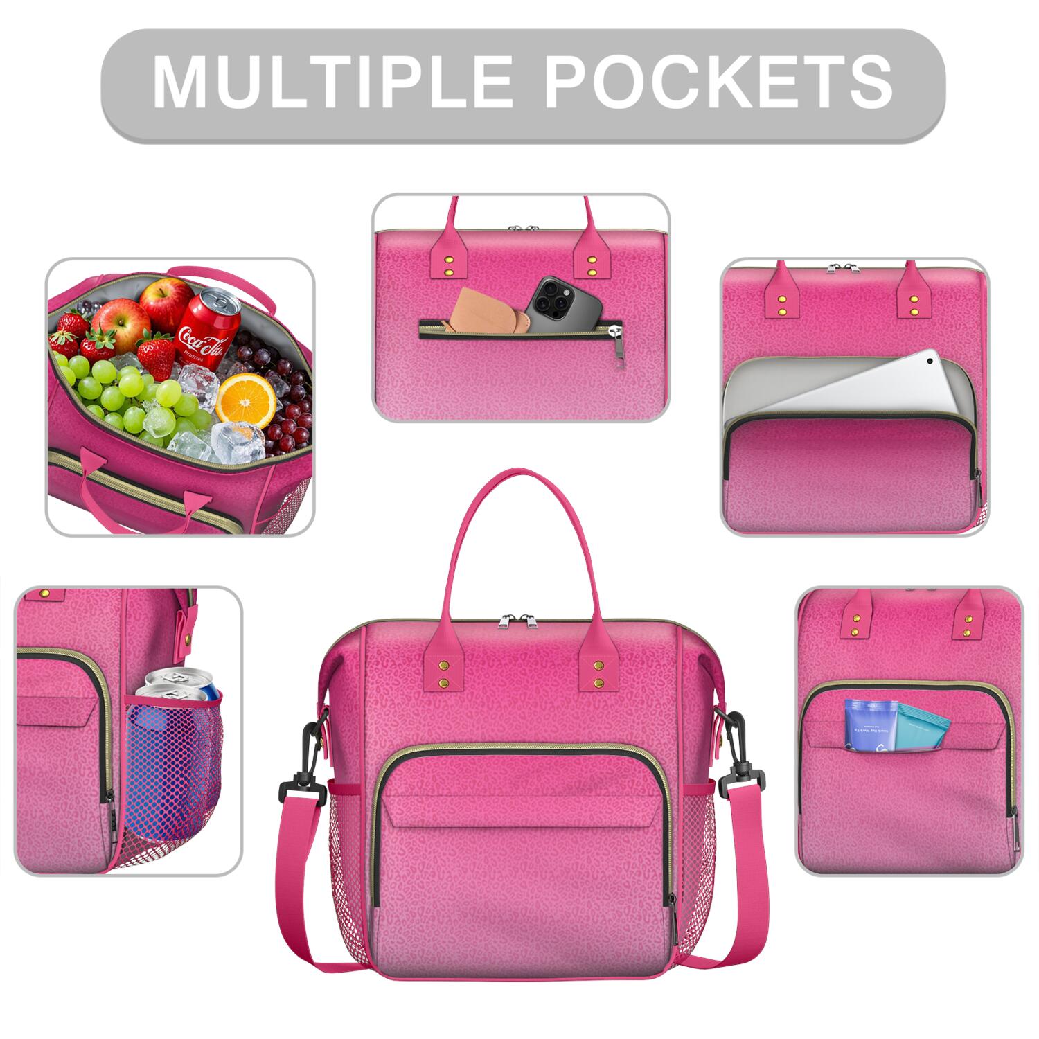 Pink Gradient Leopard Print Womens Lunch Box for Work,Insulated Large Lunch Bag for Tween and Teen,Loncheras Para Mujer,Leakproof Adult Lunch Bag for Work,Beach,Travel,Picnic,Camping