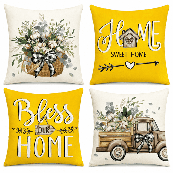Bless Our Home Farmhouse Eucalyptus Leaves Throw Pillow Covers, 20 x 20 Inch Truck Home Sweet Cushion Case Decorations Set of 4