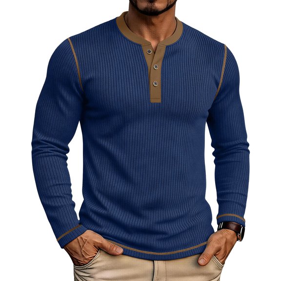 Mifsaly Mens Henley Shirt Ribbed Knit Long Sleeve Casual T-Shirts Colorblock Contrast Trim Slim Fit Fall Winter Undershirt Tops Blue,M