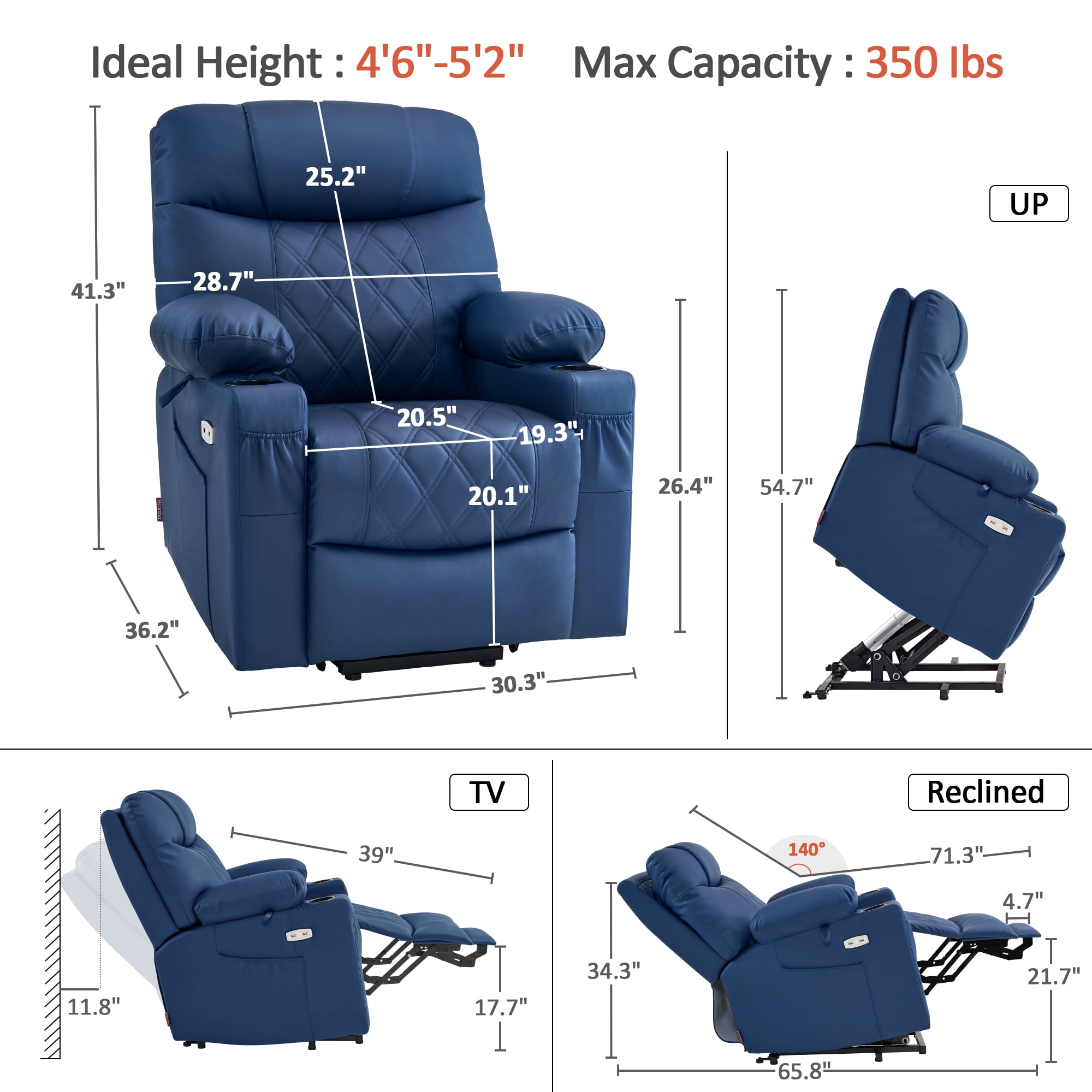 MCombo Small Size Electric Power Lift Recliner Chair Sofa with Massage and Dual Heating, Adjustable Headrest for Elderly People Petite, USB Ports, Extended Footrest, Faux Leather 7111 (Blue, Small)