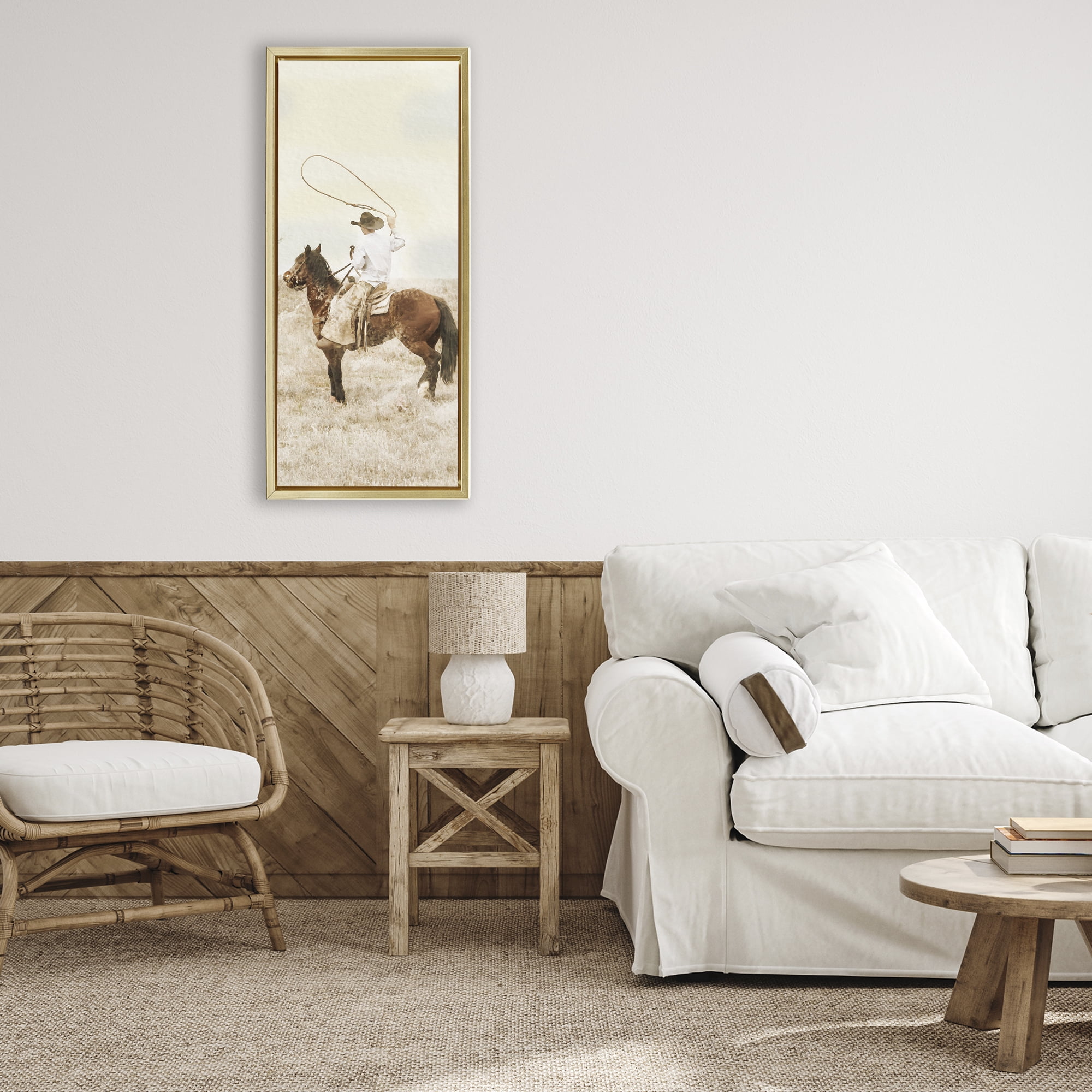Stupell Industries Wrangling Cowboy Lasso Gold Framed Floater Canvas Wall Art, design by Marcus Prime