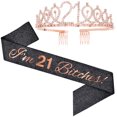 thumbnail image 1 of Conjunto de correas de hombro para fiesta de cumpleaños Correa de etiqueta para cumpleañera Correa de hombro de tela con corona en polvo de oro rosa, 1 of 6