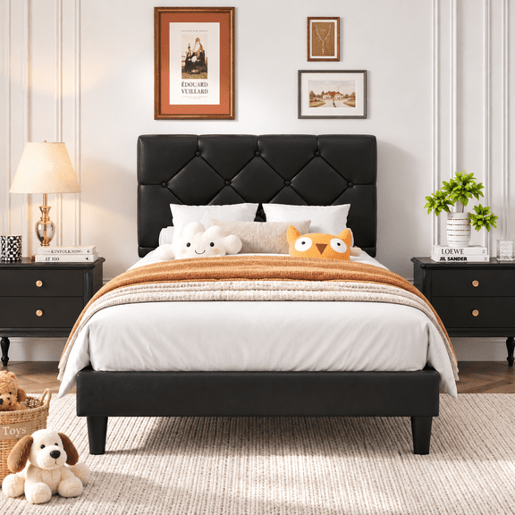 UHOMEPRO Twin Bed Frame with Upholstered Faux Leather Headboard, UHOMEPRO Platform Bed Frame with Wood Slat Support, No Box Spring Needed, Black