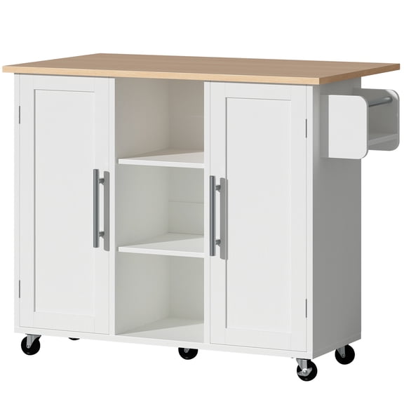 Kitchen Island with Storage, Bar Cart Cabinet Island Table on Wheels, Rolling Microwave Cart for Kitchen with Drop Leaf, Drawers, Towel Rack, Seating Area for Dining Room