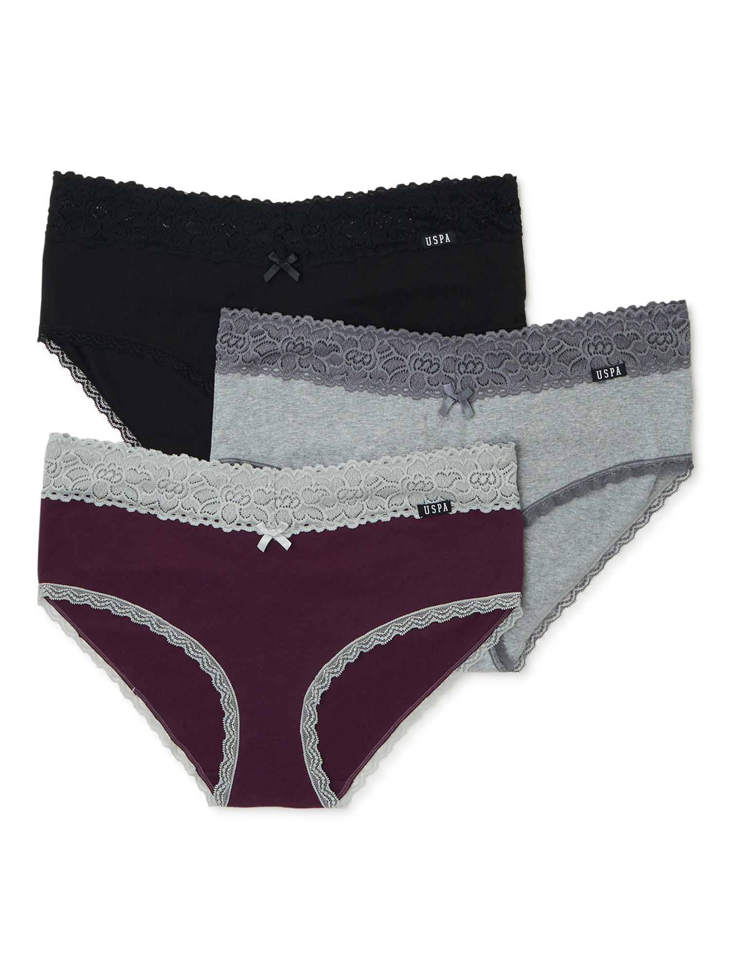 U.S Polo Assn Womens 3 Pack Seamless Wide Elastic Waist Thong Panties Charcoal Heather/Pink/Black Large