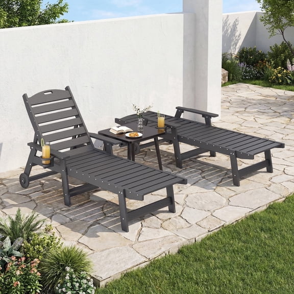 U-HOMY Outdoor Chaise Lounge Set of 2, HDPE Wood Grain Patio Lounger with 6-Position Adjustable Backrest