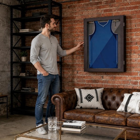 Jersey Display Frame, Uv-Resistant Acrylic Door, Mdf Shadow Box, Wall Mount, Cherry Brown