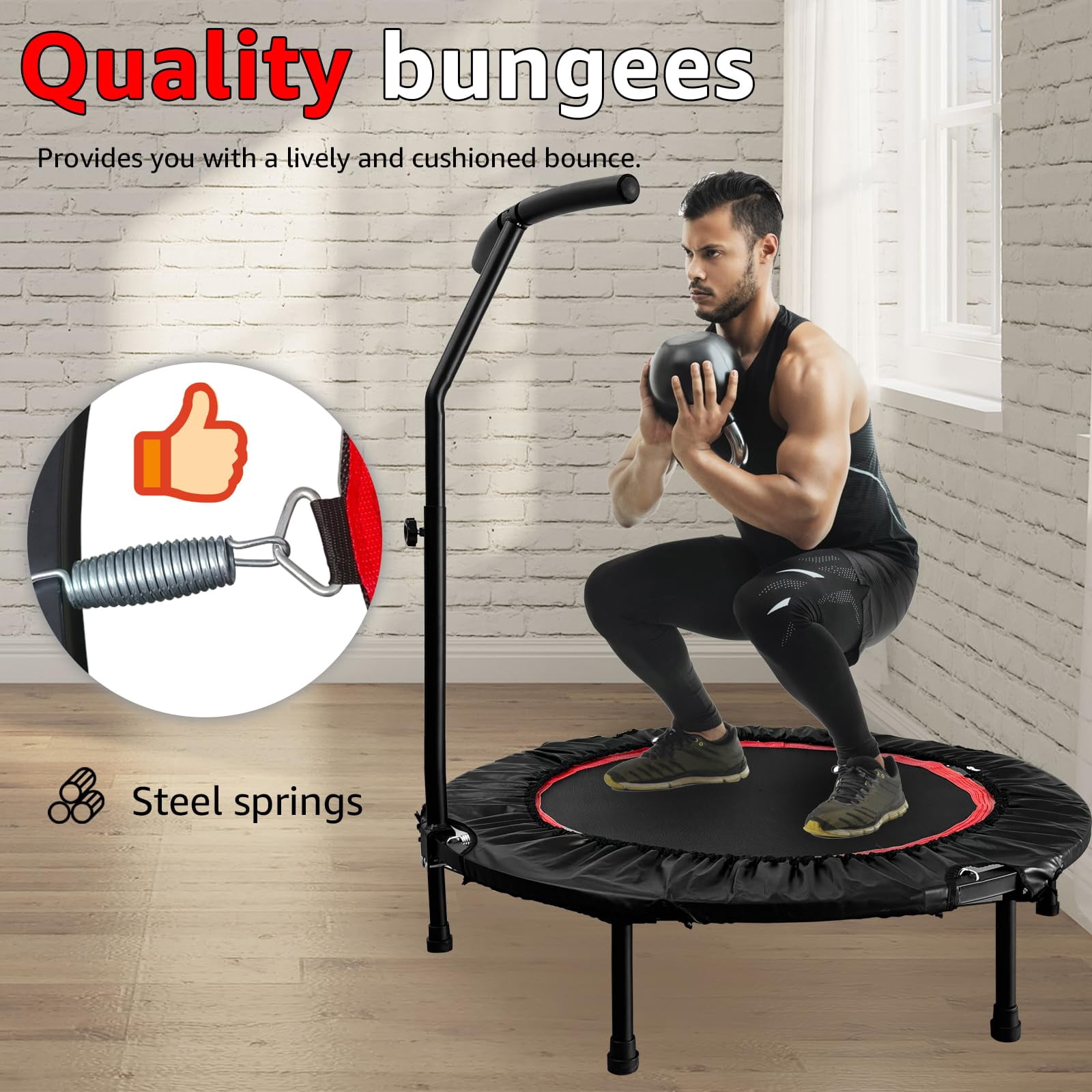 EVGTTI 40 inch Foldable Mini Trampoline, Bungee Fitness Trampoline with Adjustable T Shape Foam Handle Bar, 440 LBS Weight Capacity